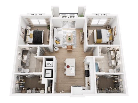 Floor plan for 2 beds, 2 baths, 1022 sqft
